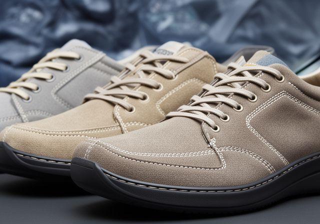Moderne Schuhserie aus recycelten Materialien mit klaren Nähten und neutralem Farbton