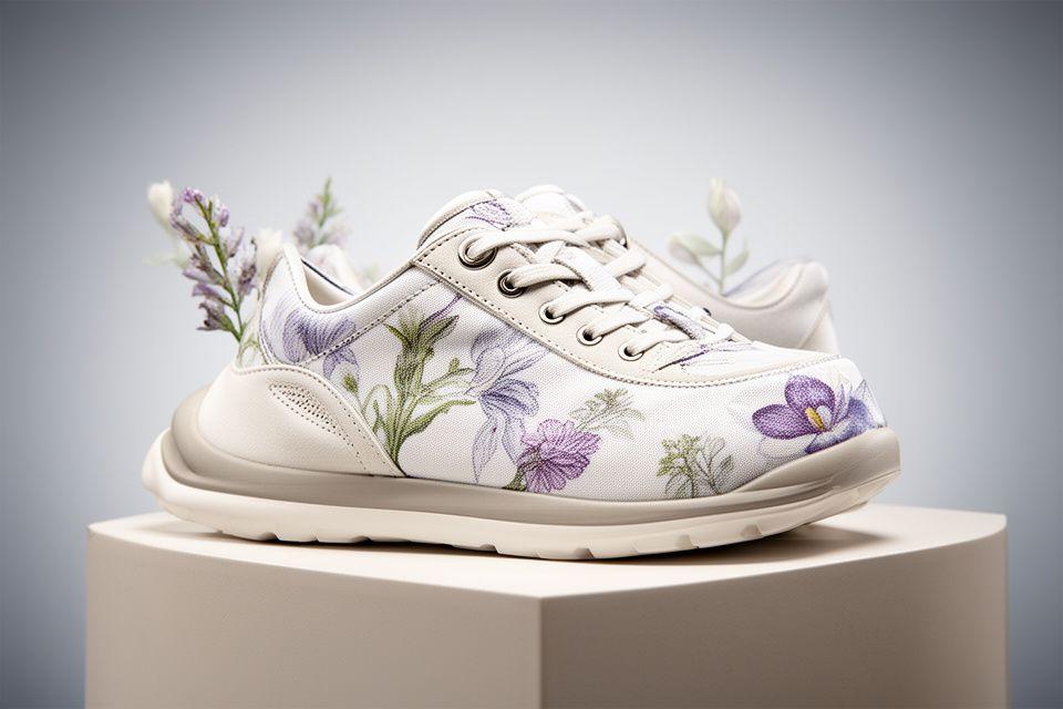 Alpentraum Sneaker auf einem hellen Sockel mit botanischen Akzenten und weichen Schatten