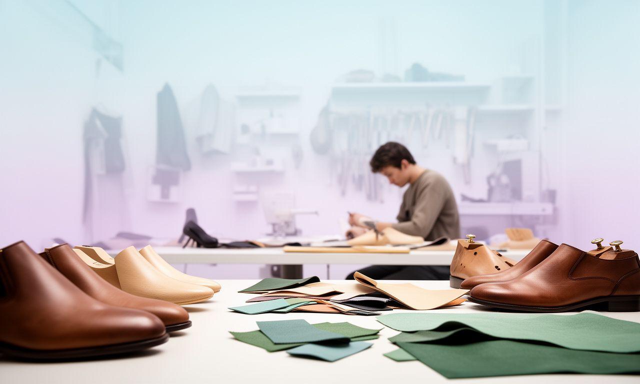 Grössere Atelieransicht mit Materialmustern, Schuhleisten und einer Designerin am Werktisch