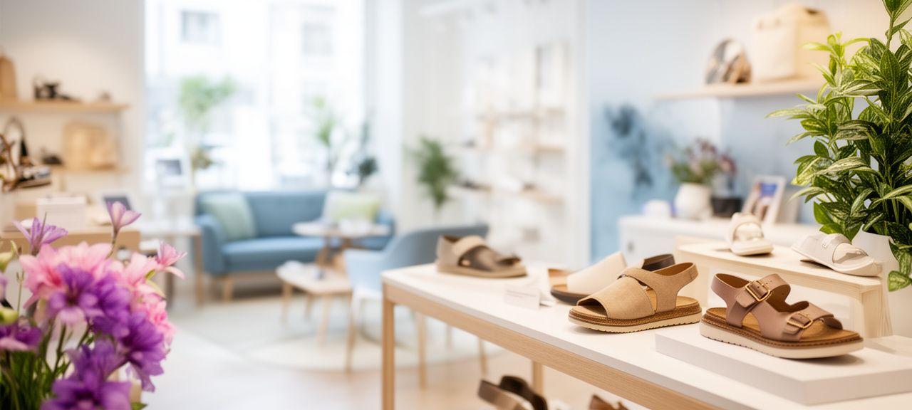 Helle Beratungszone mit nachhaltigen Schuhen, Blumenakzenten und einem freundlichen Empfang in Zürich